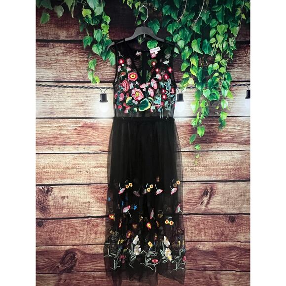 L'Atiste by Amy Floral Embroidered Mesh Midi Dress Gown Homecoming Prom Black S - Picture 4 of 8